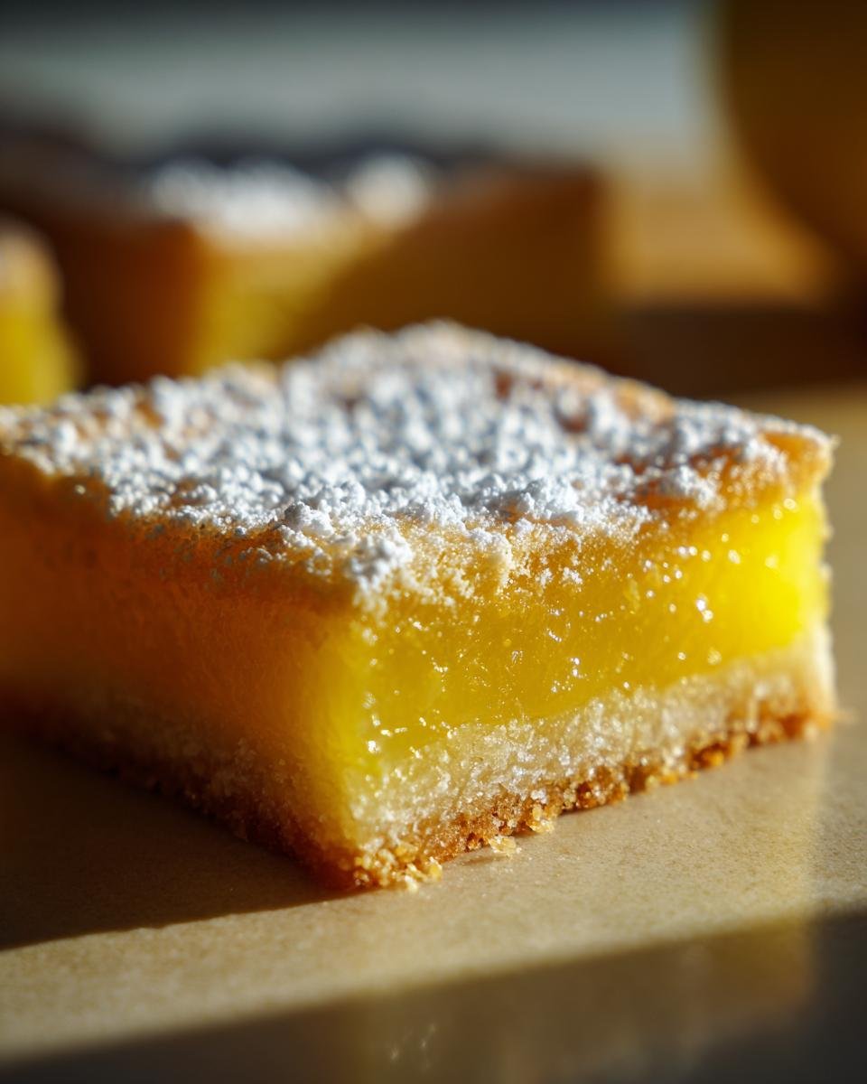 Close-up of an Irresistible Lemon Bar, a sweet tart dessert, dusted with powdered sugar.