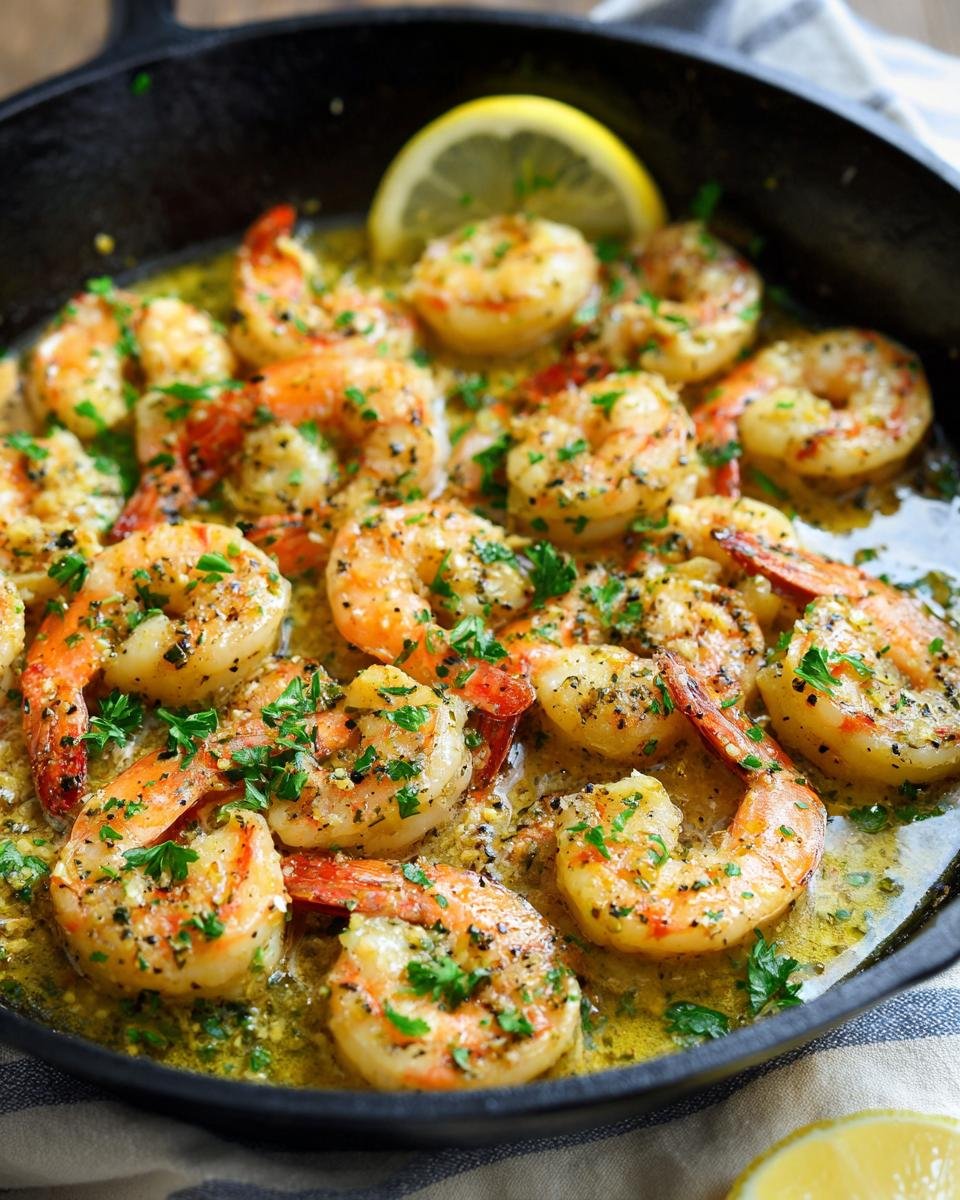 Close-up of Irresistible Lemon Garlic Shrimp Skillet, cooked in a cast iron pan with lemon slices and parsley.