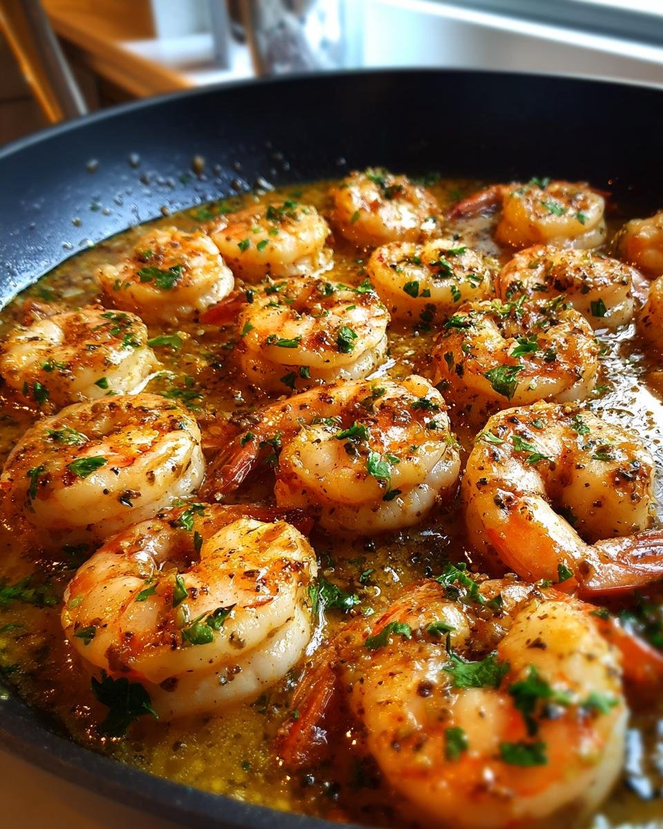 Close-up of Irresistible Lemon Garlic Shrimp Skillet, cooked in a buttery sauce with herbs.
