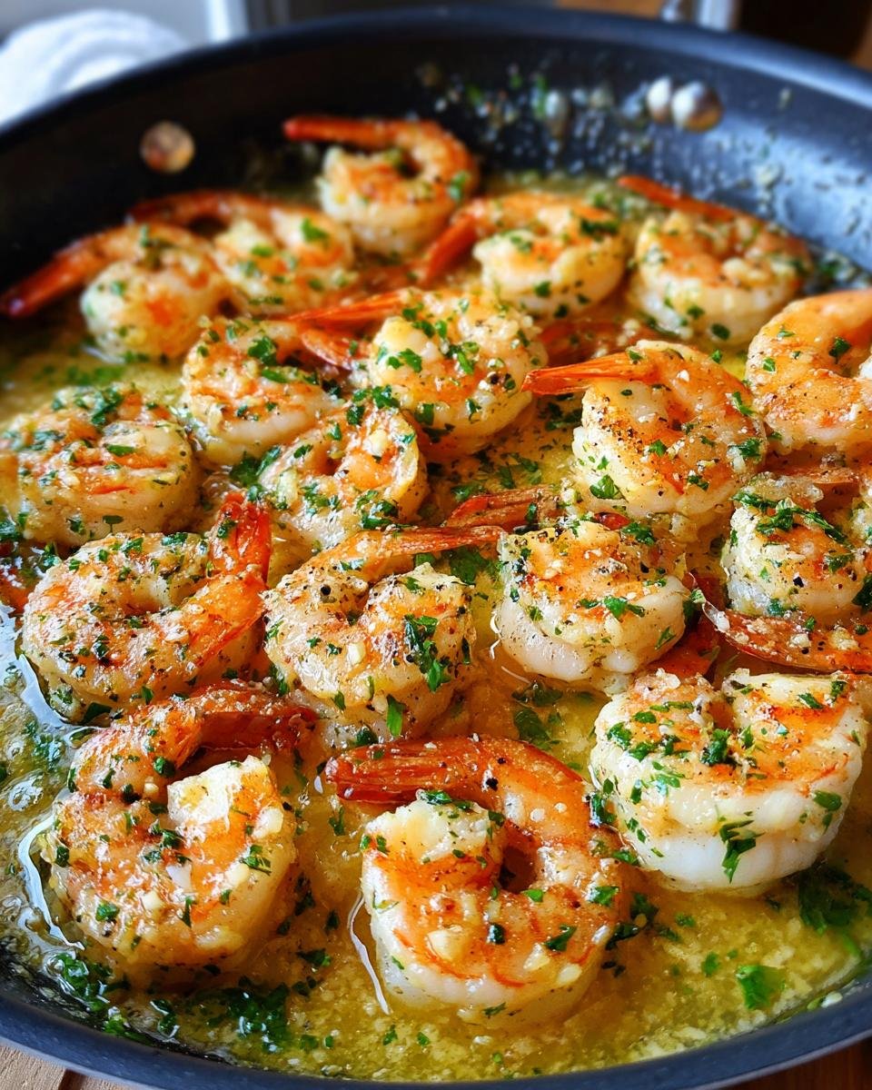 Close-up of Irresistible Lemon Garlic Shrimp Skillet, cooked shrimp in a buttery garlic sauce with parsley.