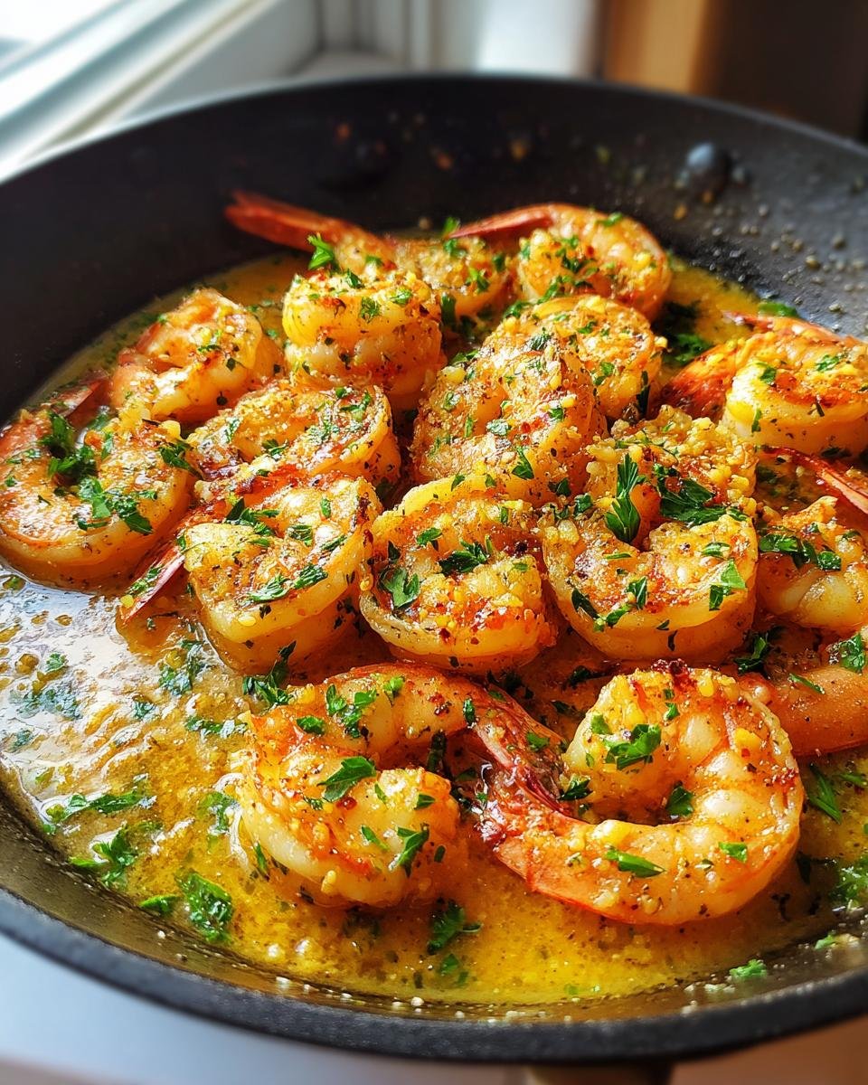 Close-up of Irresistible Lemon Garlic Shrimp cooked in a skillet with butter, garlic, and parsley.