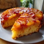 A slice of Irresistible Nectarine Upside Down Cake on a plate, showcasing caramelized nectarines and moist cake.