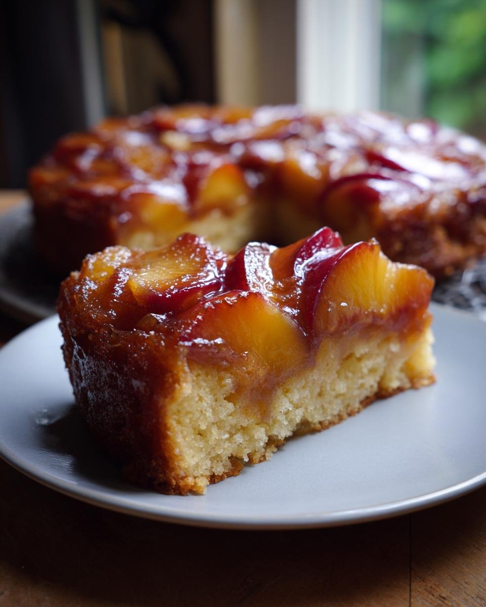 A slice of Irresistible Nectarine Upside Down Cake on a plate, showcasing moist cake and glazed nectarine topping.