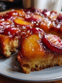 A slice of Irresistible Nectarine Upside Down Cake on a plate, showcasing caramelized nectarines and moist cake.