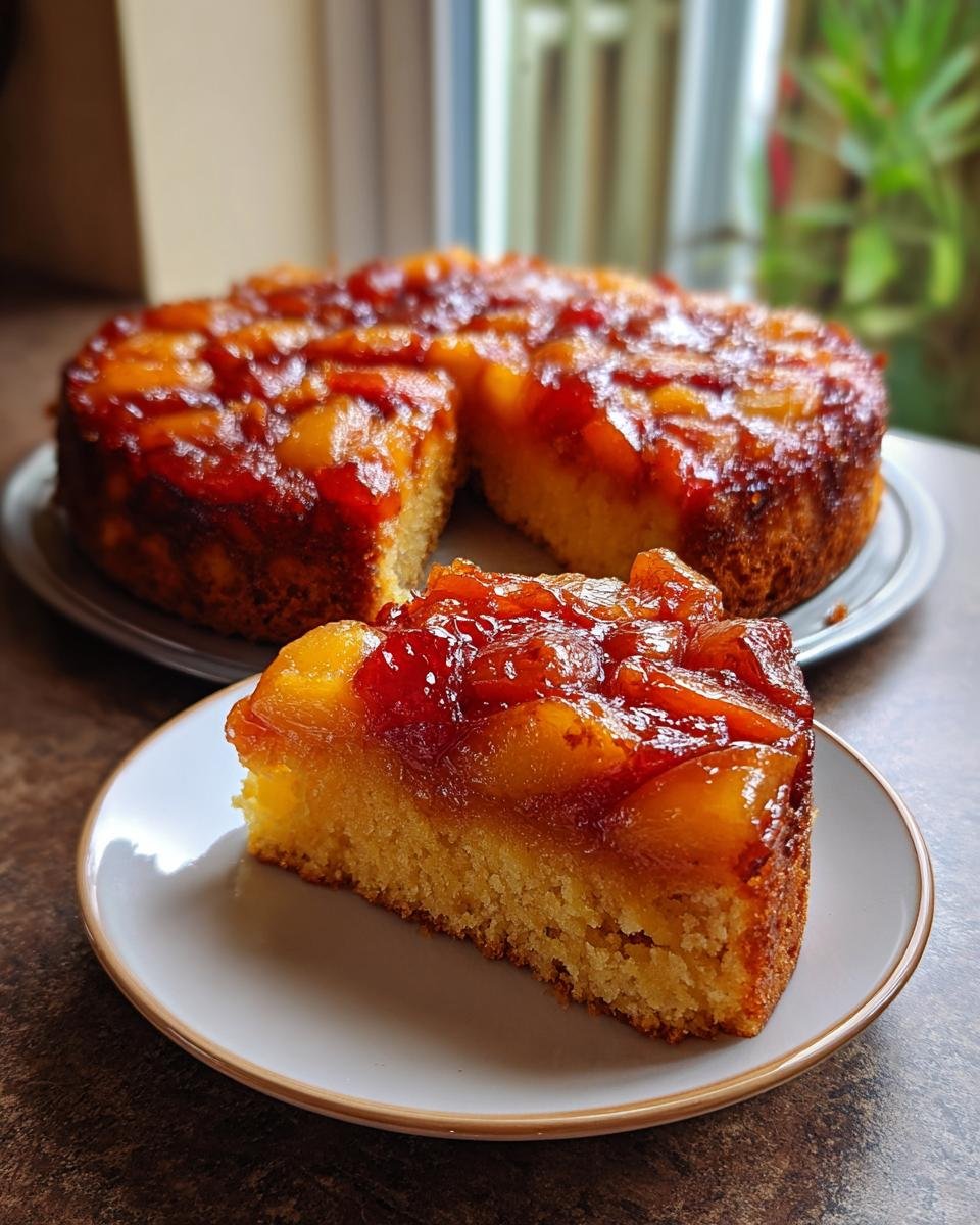 A slice of Irresistible Nectarine Upside Down Cake on a plate, showcasing the caramelized nectarine topping and moist cake.