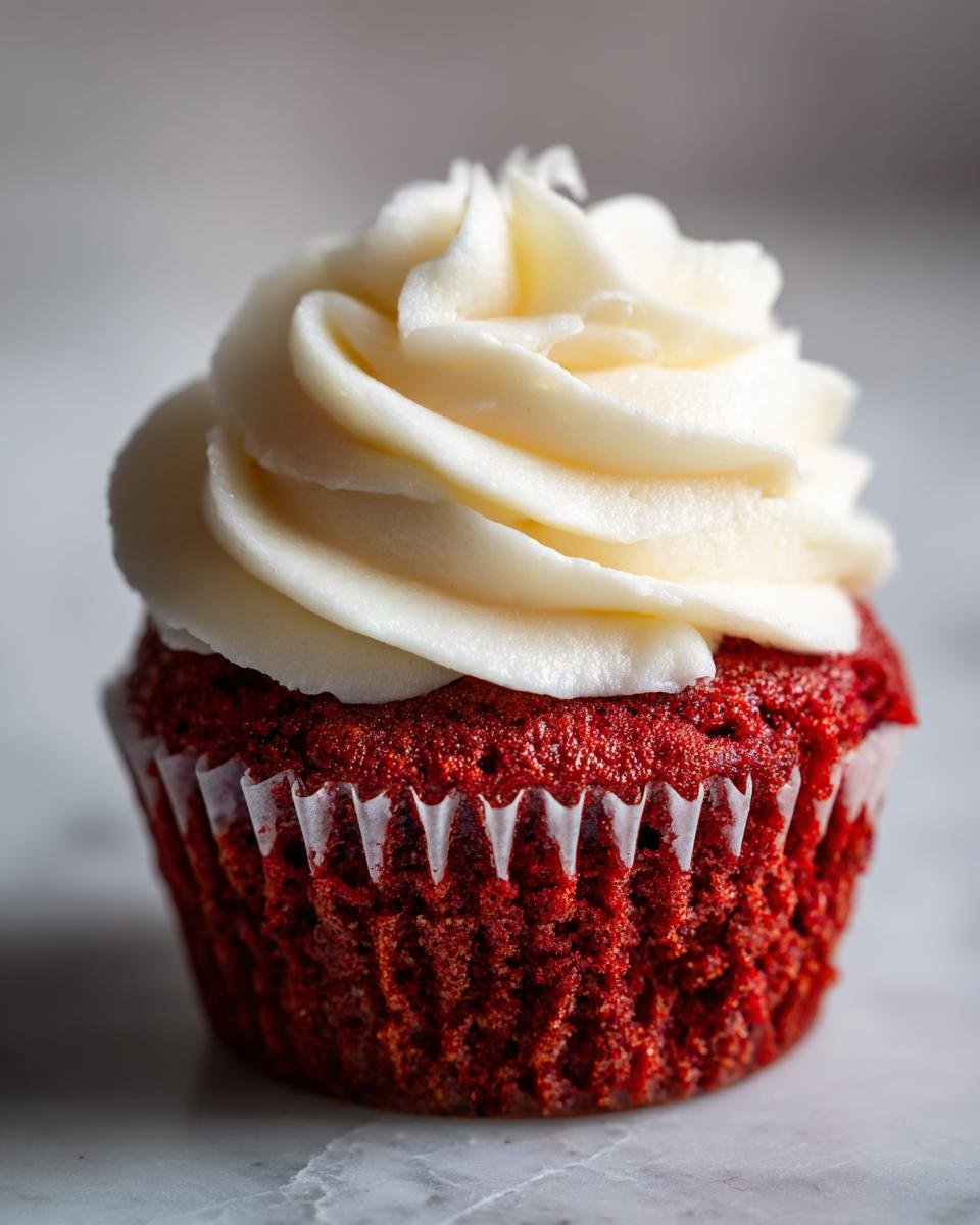 A close-up of an Irresistible Red Velvet Cupcake topped with swirls of creamy white frosting.