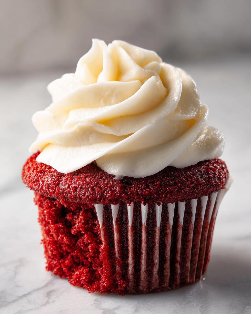 A close-up of an irresistible red velvet cupcake topped with swirls of creamy cream cheese frosting.