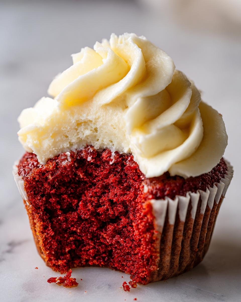 A bite taken out of an Irresistible Red Velvet Cupcake with fluffy cream cheese frosting.