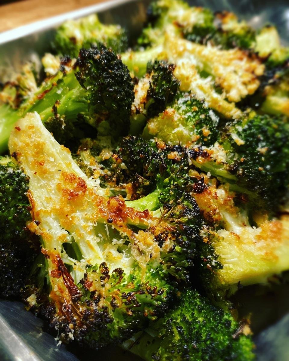 Close-up of Irresistible Roasted Broccoli With Parmesan, showing crispy edges and melted cheese.