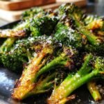 Close-up of Irresistible Roasted Broccoli With Parmesan, showing crispy edges and grated cheese.