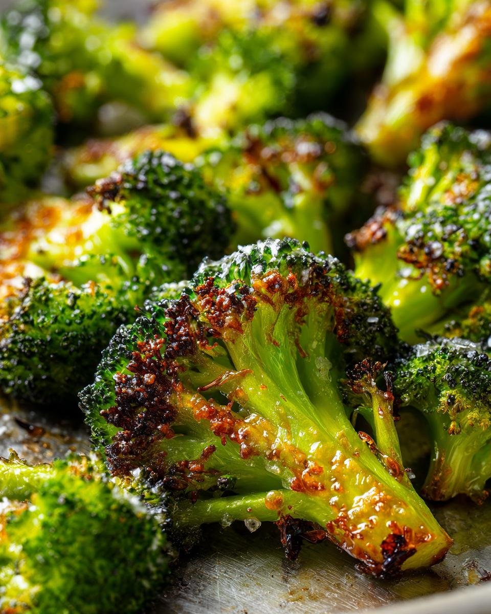 Close-up of irresistible roasted broccoli with parmesan, showing crispy edges and vibrant green florets.