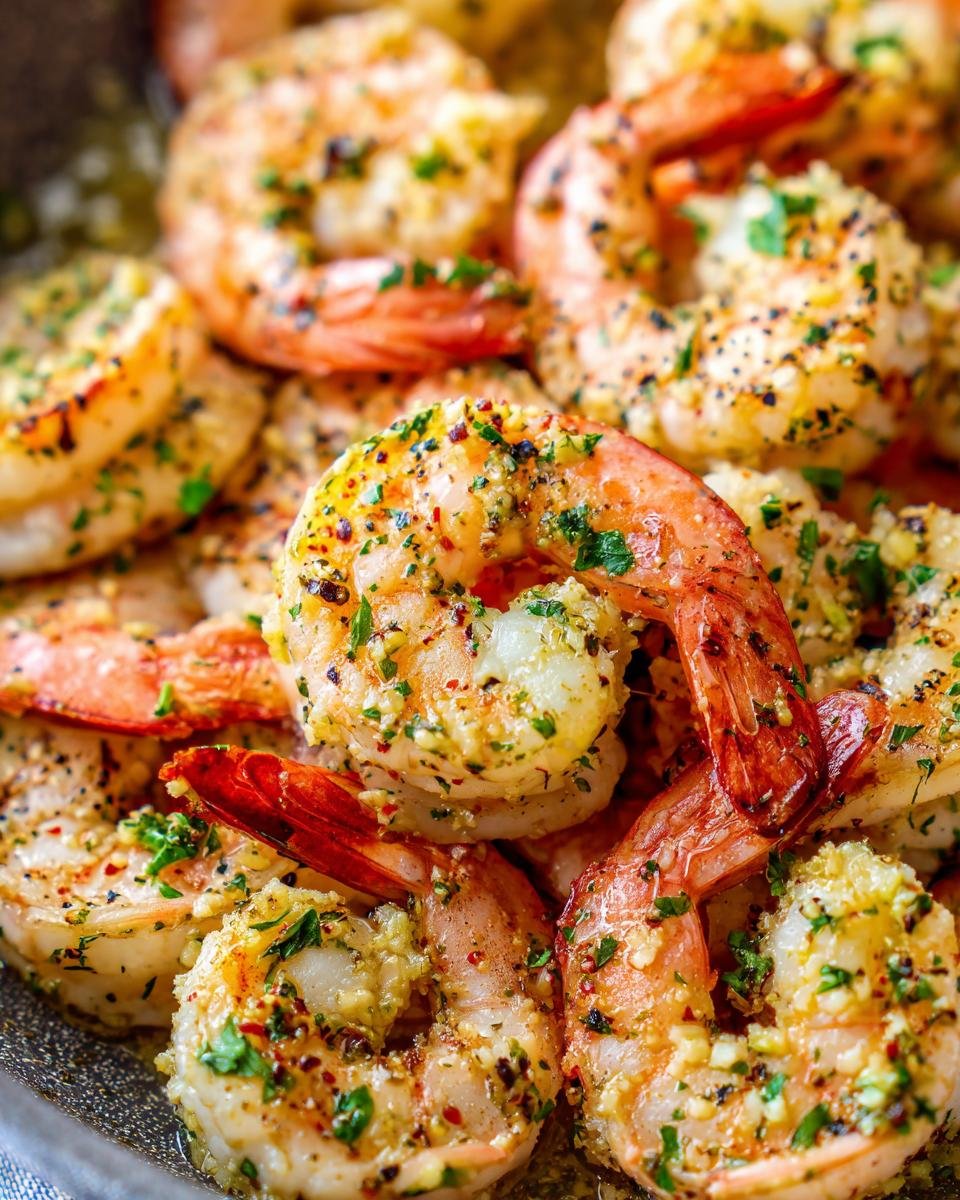 Close-up of Irresistible Roasted Garlic Butter Shrimp, glistening with butter, garlic, and herbs.