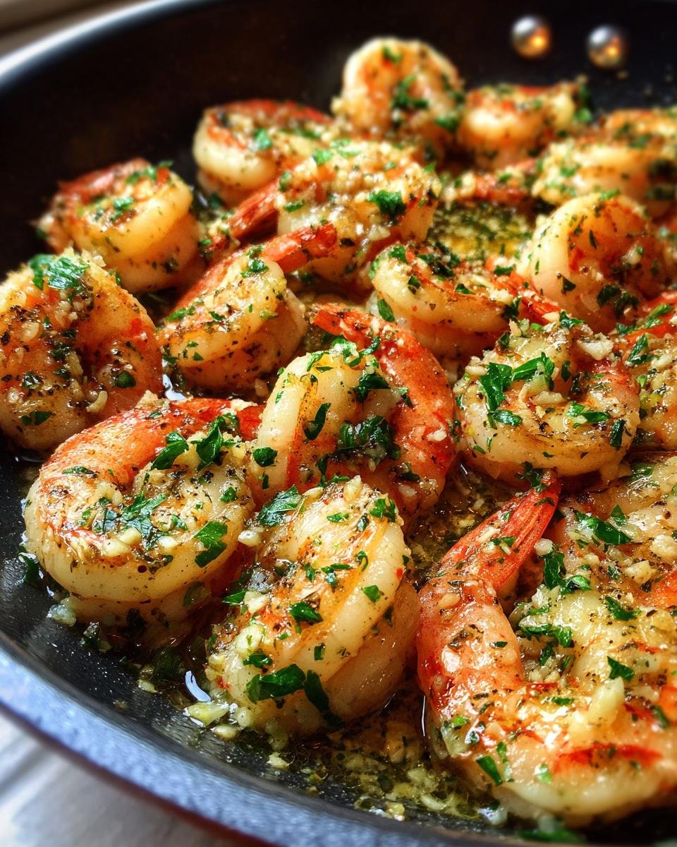 Close-up of Irresistible Roasted Garlic Butter Shrimp glistening in a pan with garlic and parsley.