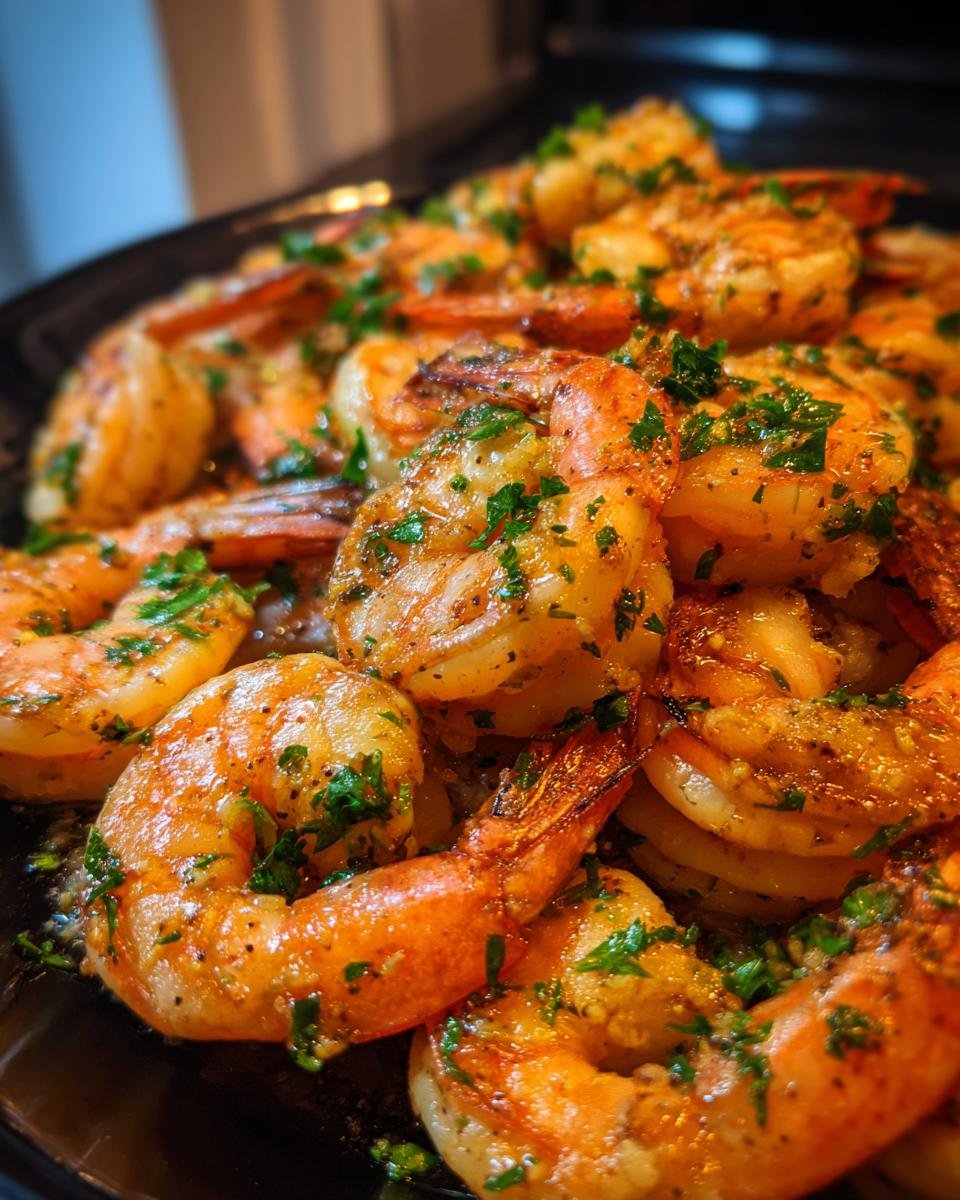 Close-up of Irresistible Roasted Garlic Butter Shrimp, glistening with butter and herbs.