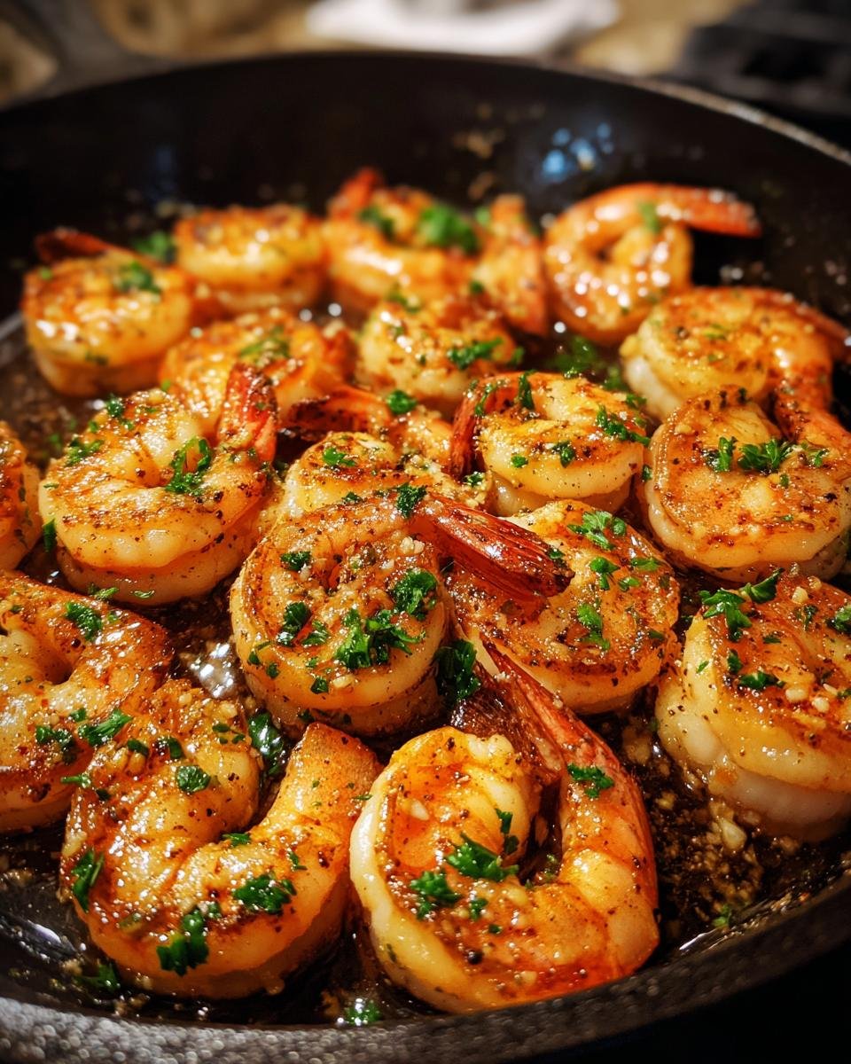 Close-up of Irresistible Roasted Garlic Butter Shrimp sizzling in a pan, garnished with fresh parsley.
