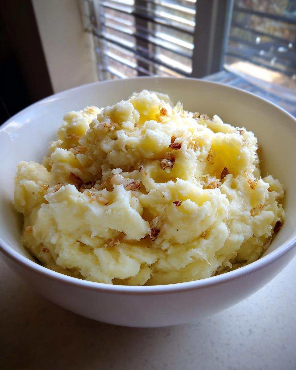 A close-up of a bowl filled with fluffy Irresistible Roasted Garlic Mashed Potatoes, topped with crispy garlic bits.