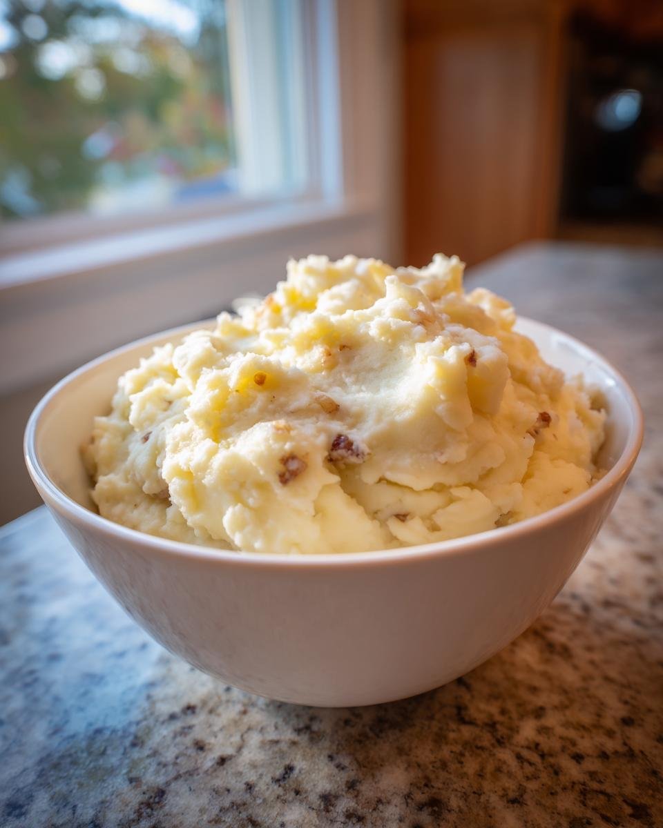 A white bowl filled with fluffy Irresistible Roasted Garlic Mashed Potatoes, with visible chunks of garlic and herbs.