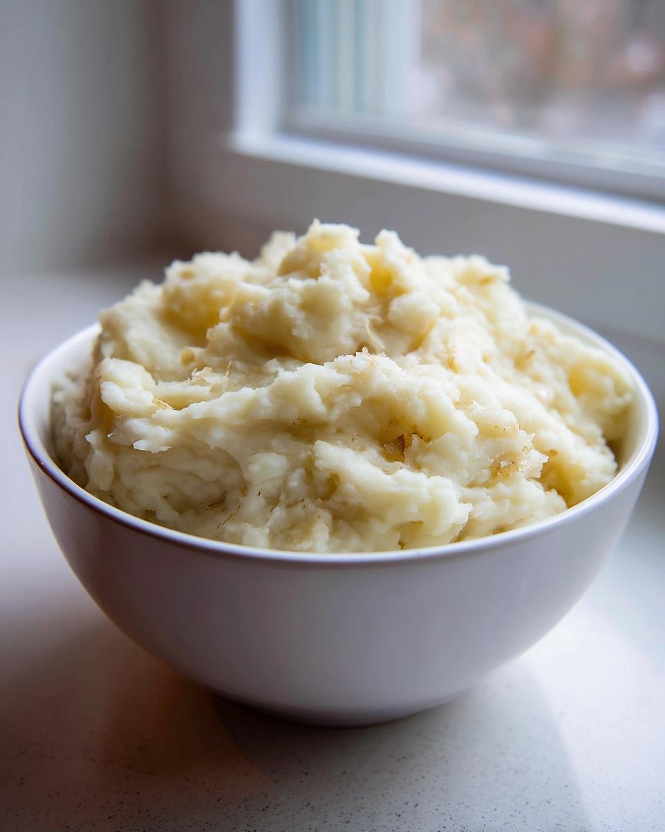 A white bowl filled with creamy, Irresistible Roasted Garlic Mashed Potatoes, with hints of roasted garlic visible.