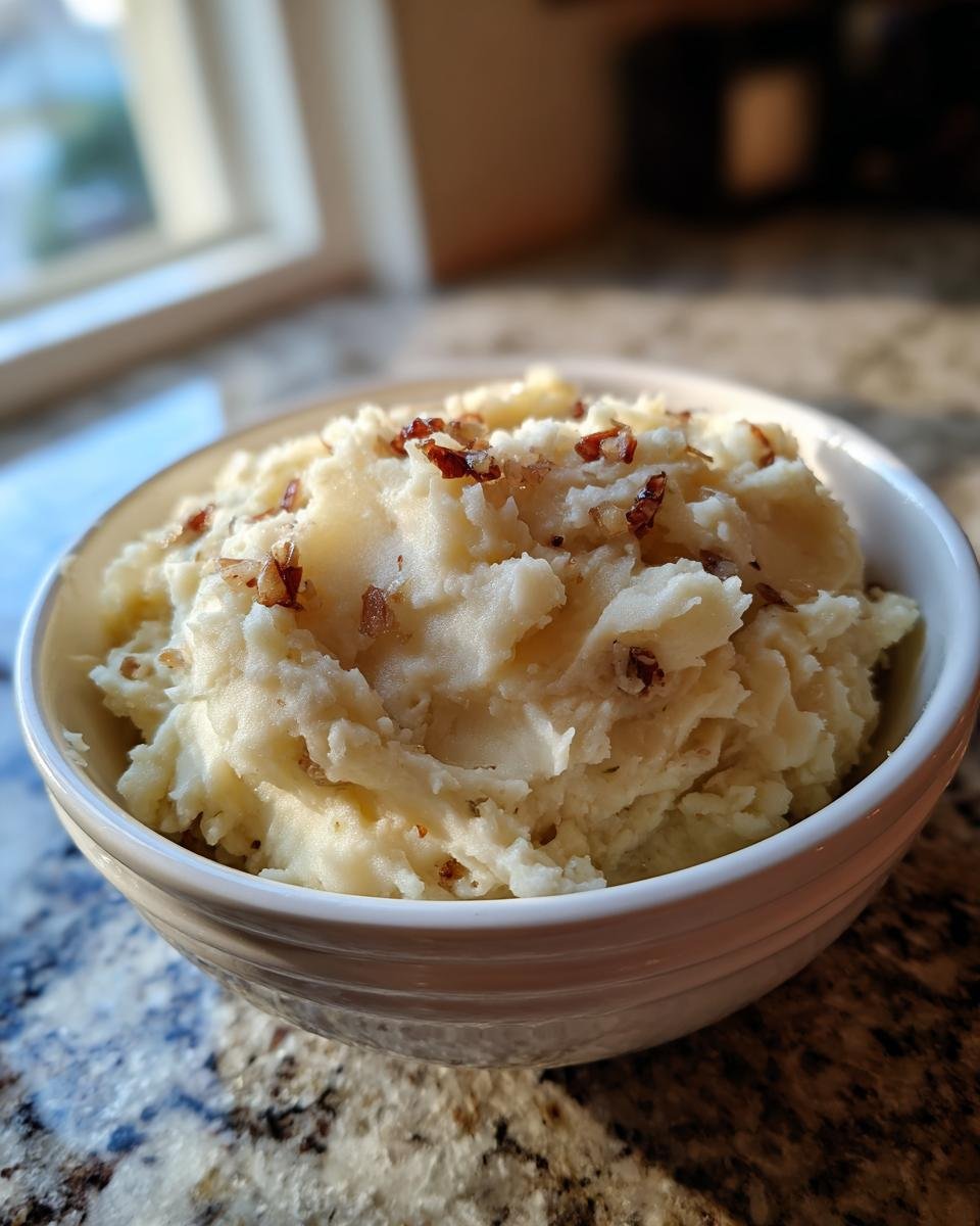 A bowl of Irresistible Roasted Garlic Mashed Potatoes topped with crispy bits.