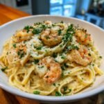 Close-up of Irresistible Shrimp Alfredo Pasta Creamy Delight, featuring fettuccine noodles coated in rich Alfredo sauce, topped with succulent shrimp and fresh parsley.