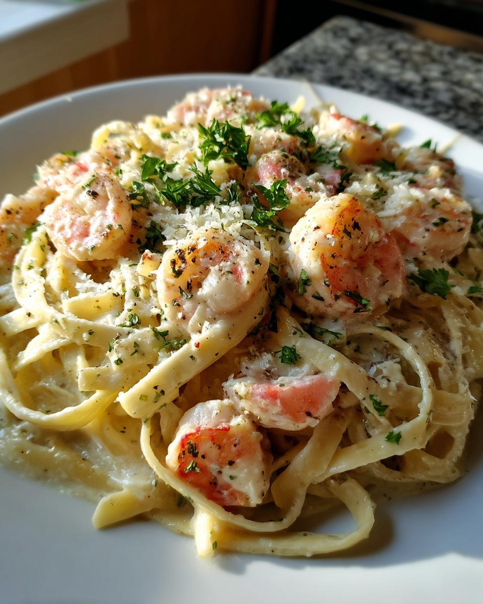 Close-up of Irresistible Shrimp Alfredo Pasta Creamy Delight, featuring fettuccine noodles coated in rich Alfredo sauce with plump shrimp and fresh parsley.