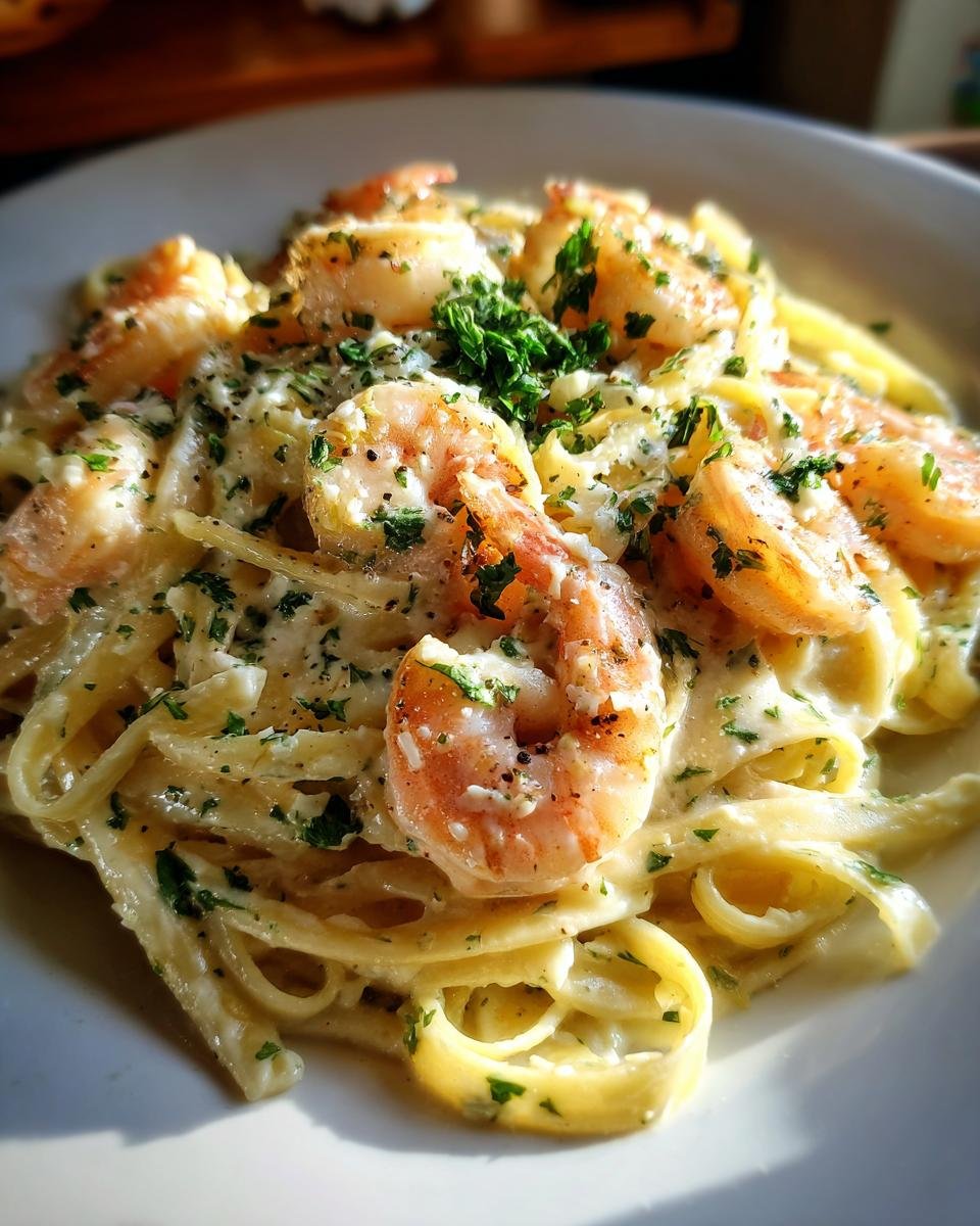 Close-up of Irresistible Shrimp Alfredo Pasta Creamy Delight, featuring plump shrimp and fettuccine in a rich, creamy sauce, garnished with parsley.
