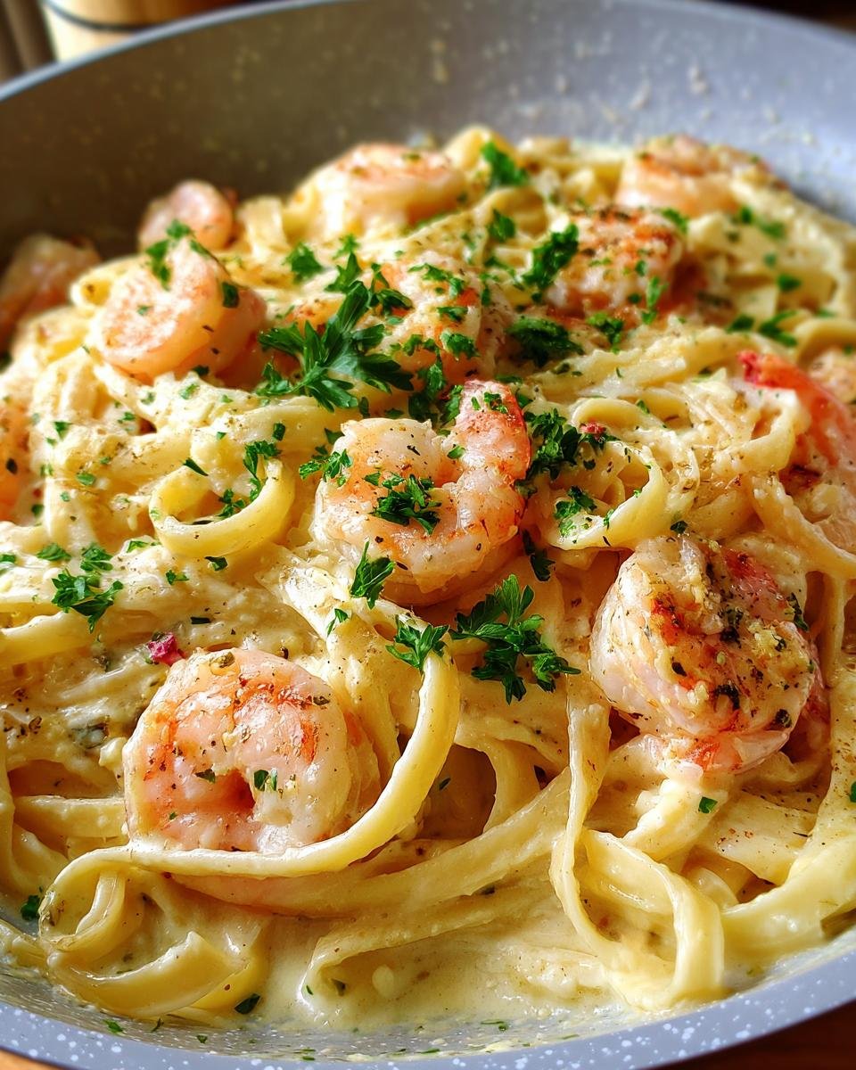 Close-up of Irresistible Shrimp Alfredo Pasta, featuring tender shrimp and creamy fettuccine, garnished with parsley.