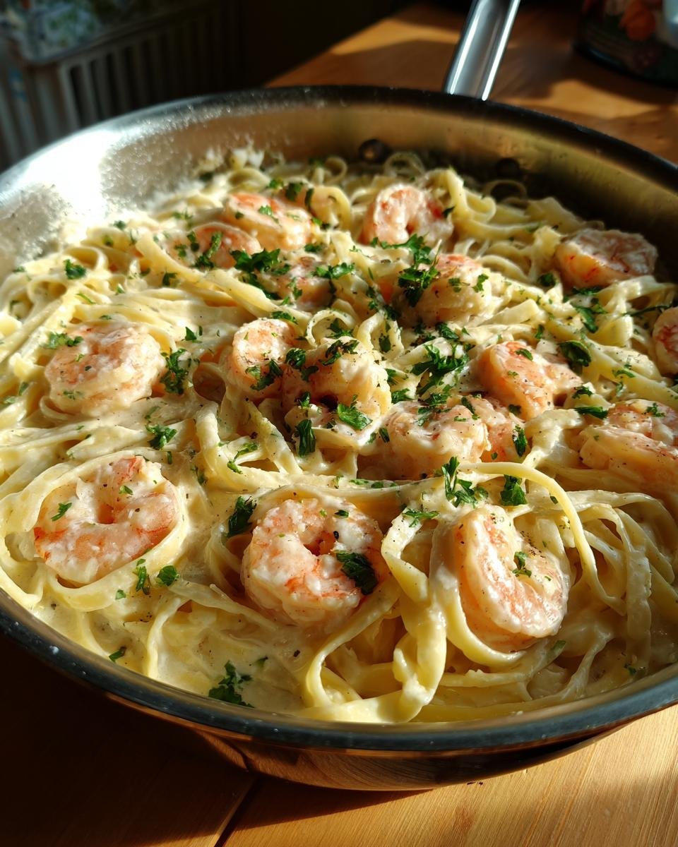 Close-up of Irresistible Shrimp Alfredo Pasta Creamy Delight in a skillet, garnished with parsley.