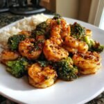 A plate of Irresistible Shrimp and Broccoli Stir Fry with fluffy white rice.