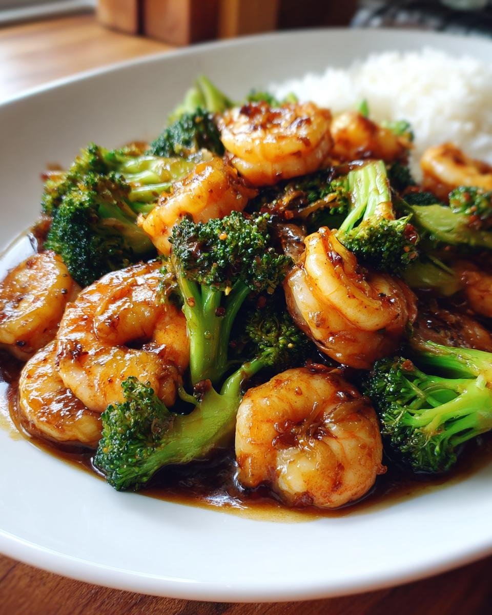 Close-up of Irresistible Shrimp and Broccoli Stir Fry served with white rice.