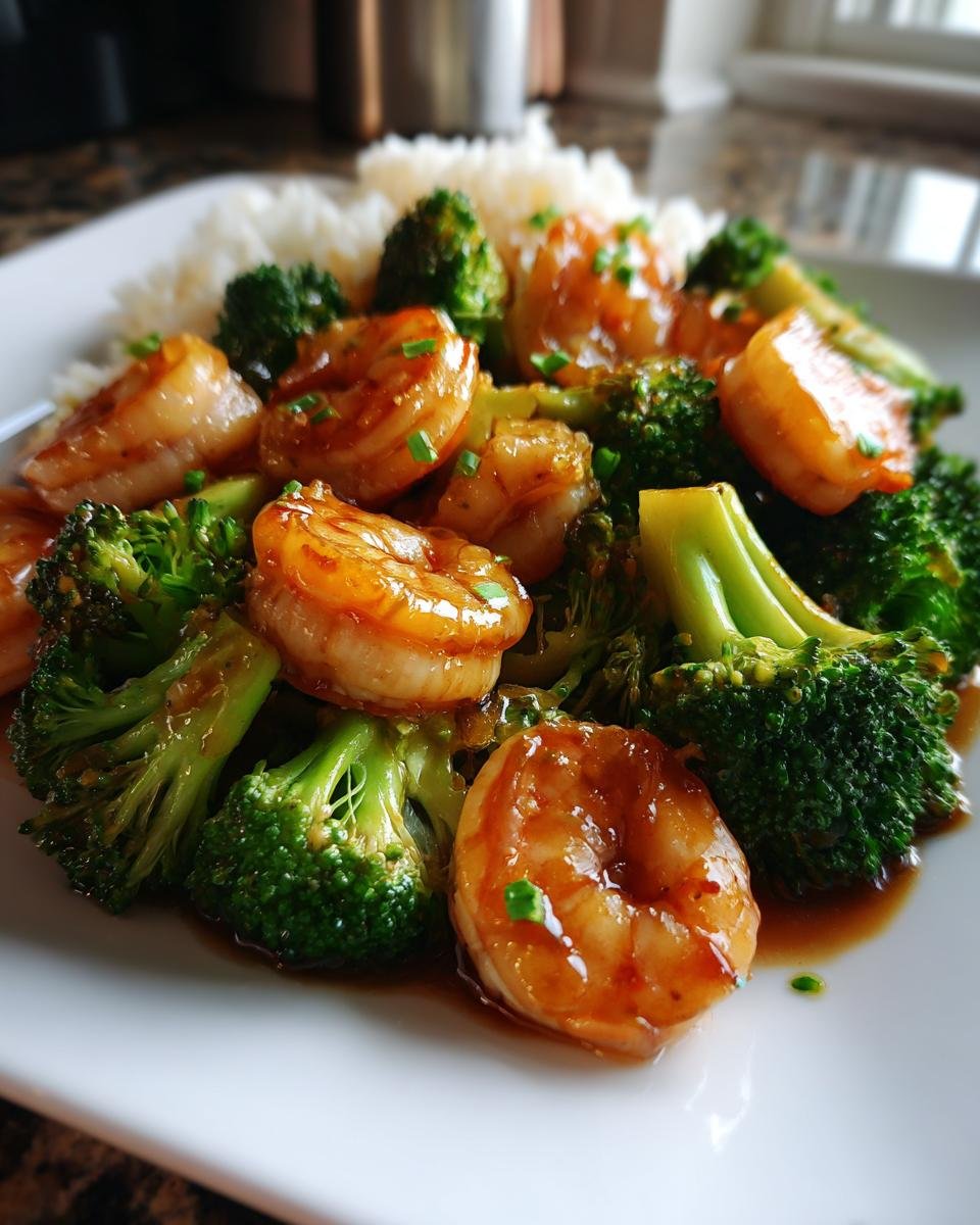 Close-up of Irresistible Shrimp and Broccoli Stir Fry served with white rice, glistening in a savory sauce.