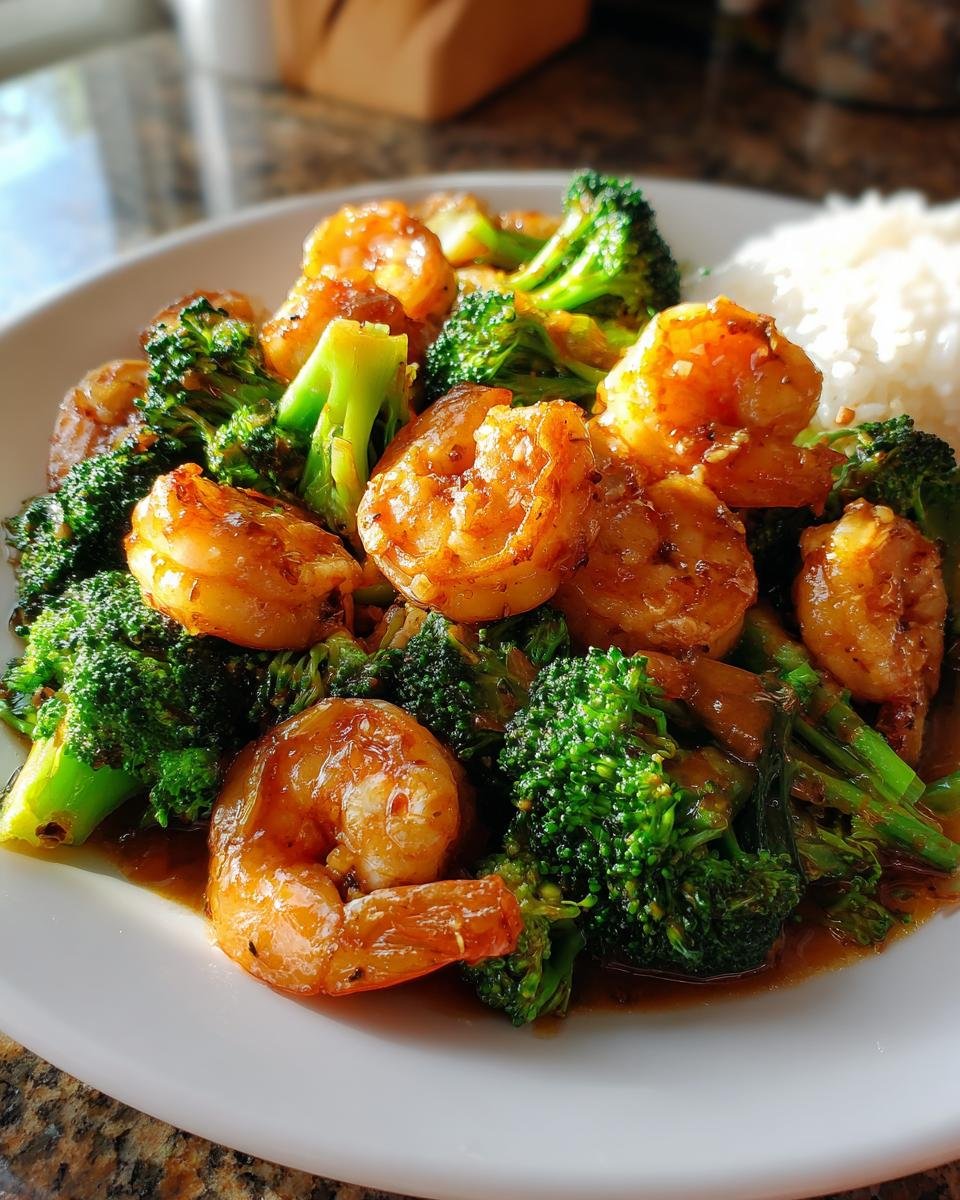 A close-up of an Irresistible Shrimp and Broccoli Stir Fry served with white rice on a white plate.
