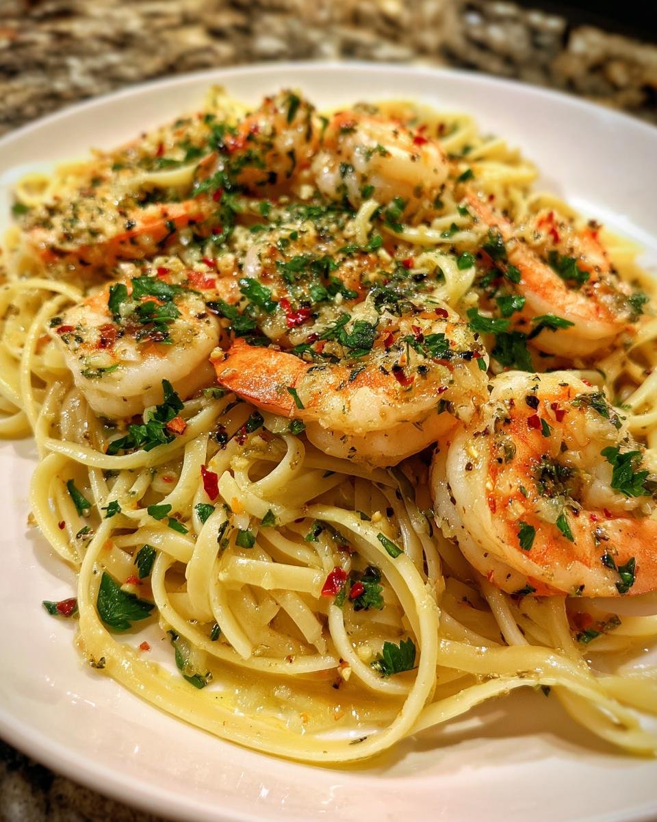 Close-up of Irresistible Shrimp Scampi with Garlic Lemon Delight, featuring plump shrimp and linguine pasta.