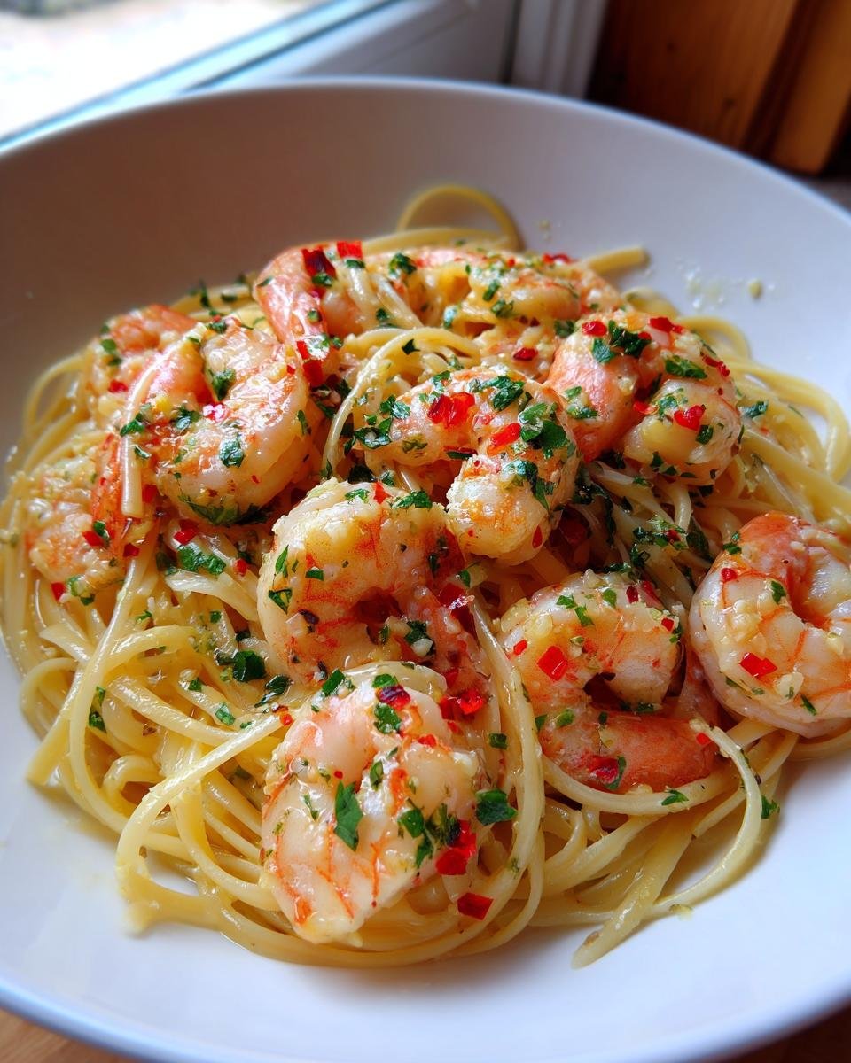 A close-up of Irresistible Shrimp Scampi with Garlic Lemon Delight served over linguine pasta, garnished with parsley and red pepper flakes.