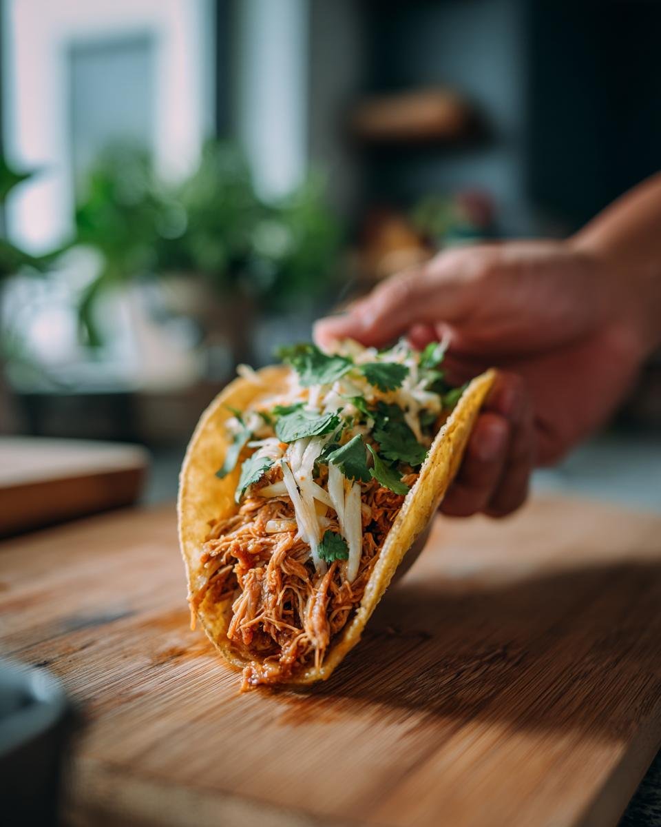 A hand holding an Irresistible Slow Cooker Chicken Taco filled with shredded chicken and toppings on a wooden board.