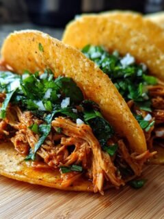 Close-up of three irresistible slow cooker chicken tacos filled with shredded chicken and topped with cilantro and onions.