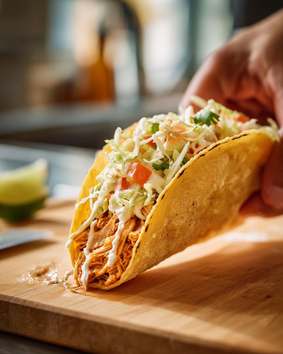 A hand holding an Irresistible Slow Cooker Chicken Taco filled with shredded chicken, slaw, and a creamy sauce.