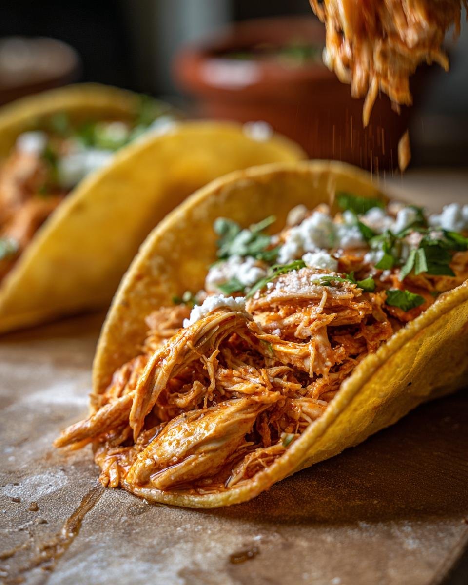 Close-up of an Irresistible Slow Cooker Chicken Tacos, filled with shredded chicken and topped with cheese and cilantro.