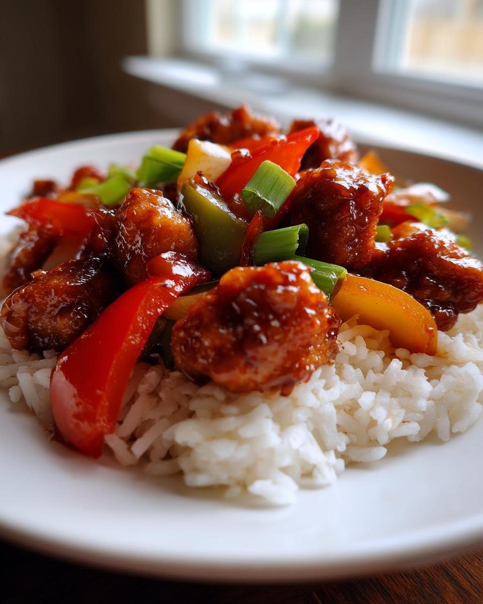 A close-up of Irresistible Sweet Chili Chicken Stir Fry served over fluffy white rice, with colorful bell peppers and green onions.