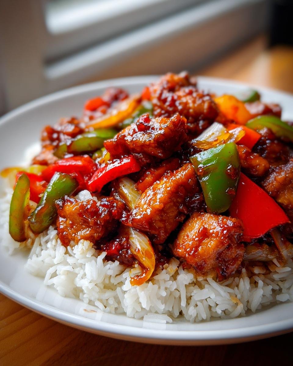 A close-up of Irresistible Sweet Chili Chicken Stir Fry served over fluffy white rice, with colorful bell peppers and onions.