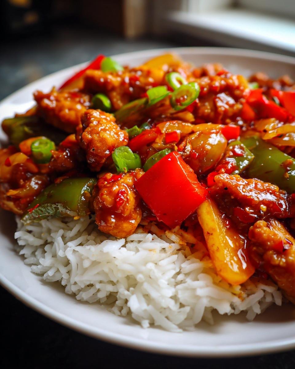 Close-up of Irresistible Sweet Chili Chicken Stir Fry served over fluffy white rice, with colorful bell peppers and green onions.