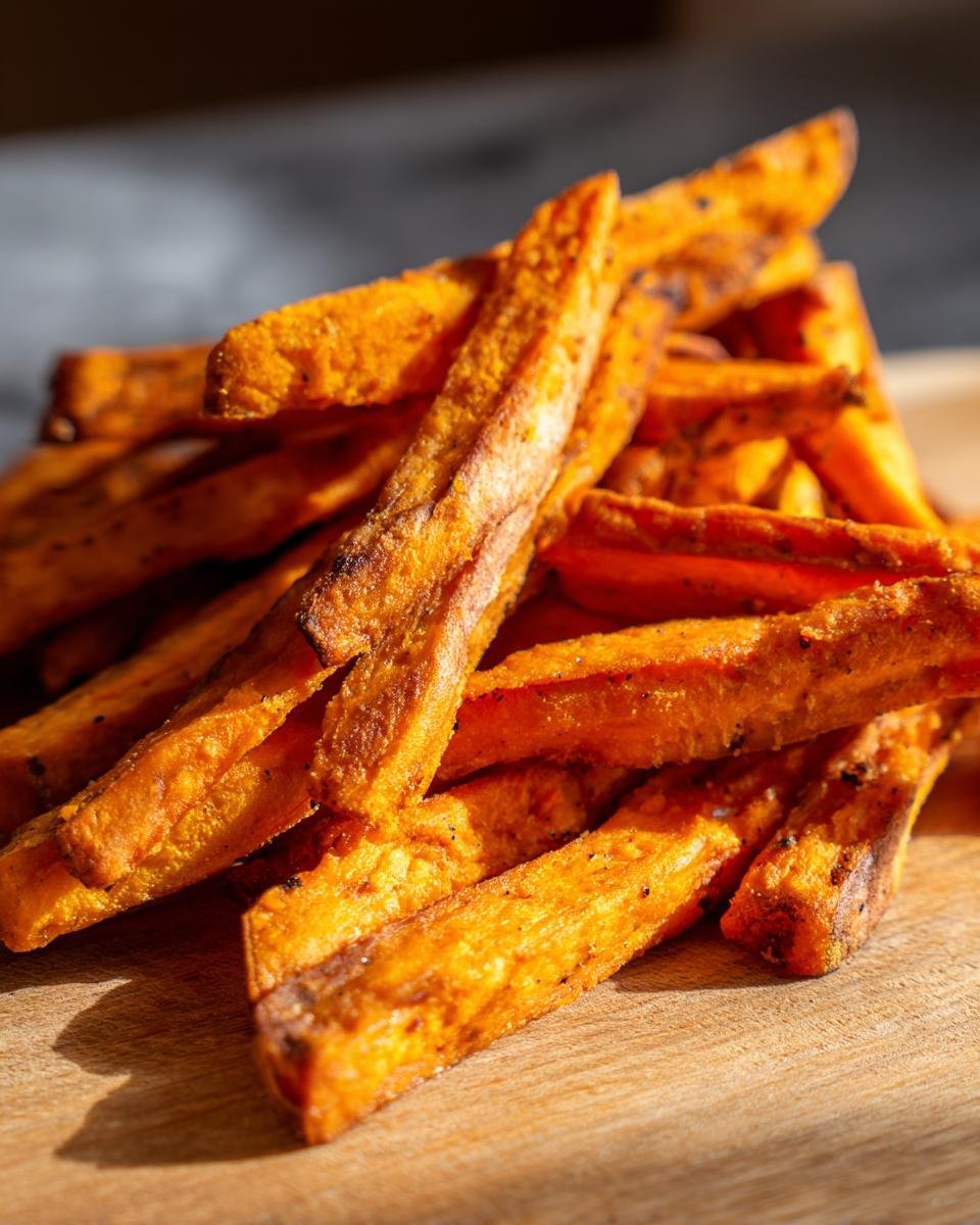 A close-up, overhead view of a pile of Irresistible Sweet Potato Fries, perfectly crispy and seasoned.