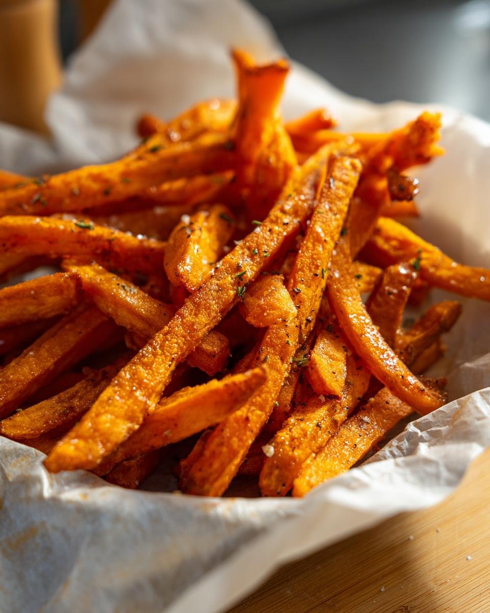 A close-up of a basket filled with Irresistible Sweet Potato Fries, seasoned with herbs and salt.
