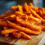 A close-up shot of a pile of Irresistible Sweet Potato Fries, Crispy And Flavorful, seasoned with salt.