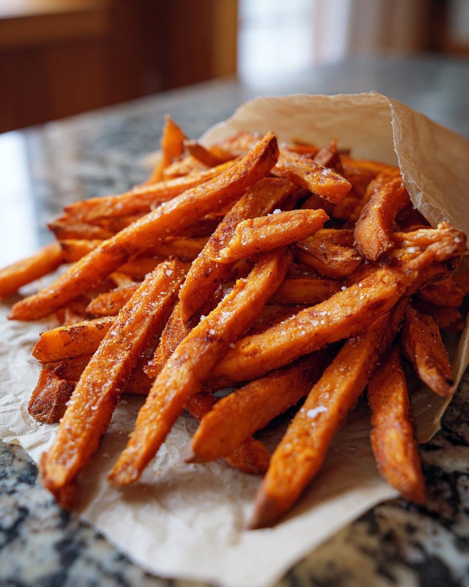 A pile of Irresistible Sweet Potato Fries, seasoned with salt and spices, spilling out of a brown paper bag.
