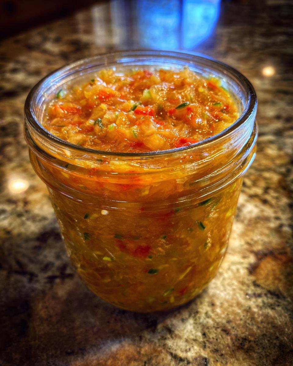 Close-up of a jar filled with Irresistible Sweet Zucchini Relish, showcasing its chunky texture and vibrant colors.