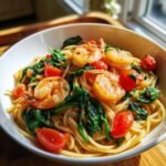 Close-up of Irresistible Tomato Spinach Shrimp Pasta in a white bowl, featuring plump shrimp, cherry tomatoes, and fresh spinach.