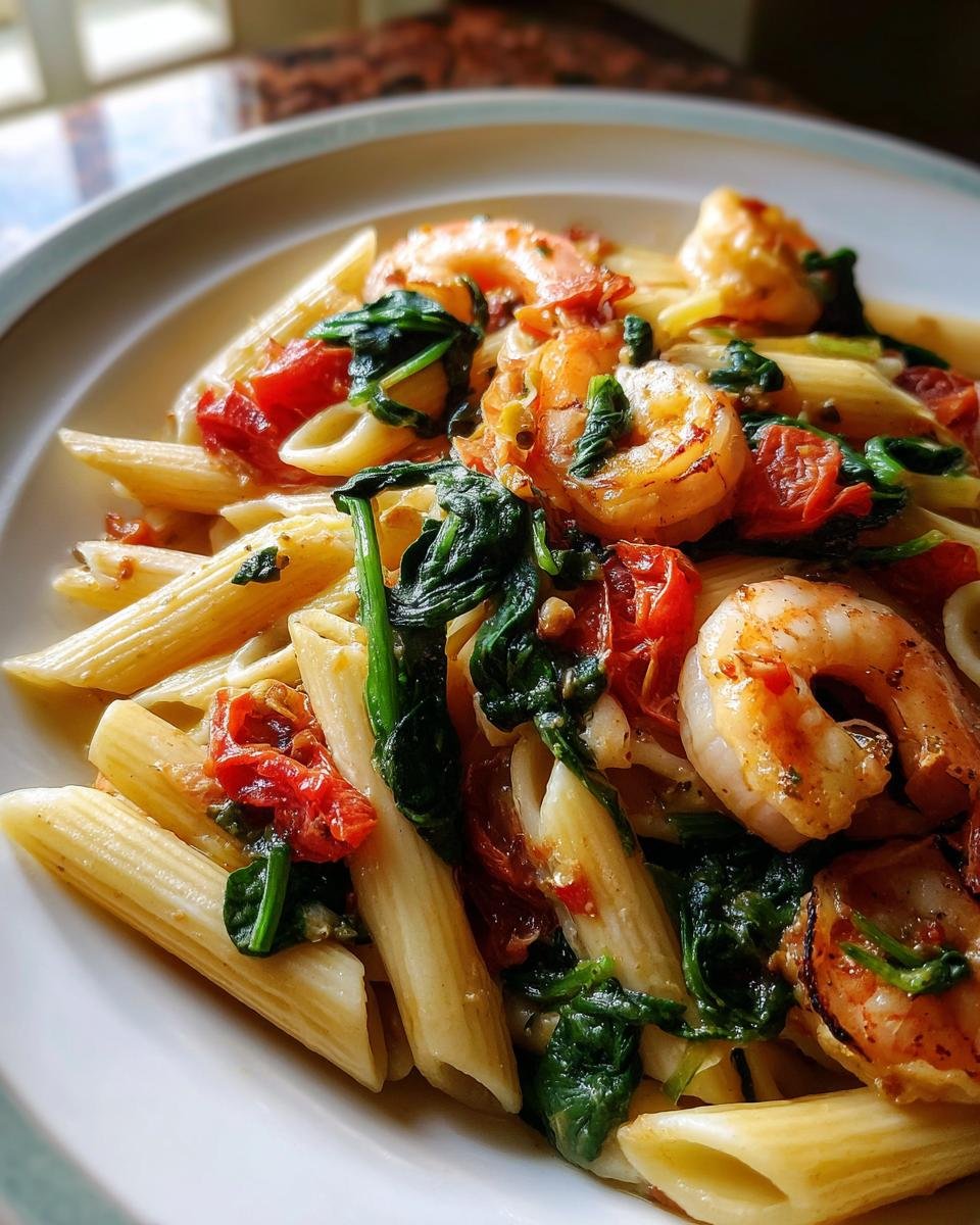 Close-up of Irresistible Tomato Spinach Shrimp Pasta Delight with penne, plump shrimp, wilted spinach, and cherry tomatoes.