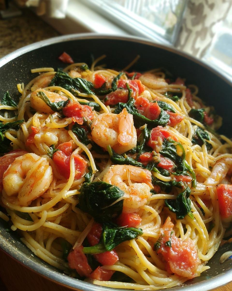 Close-up of Irresistible Tomato Spinach Shrimp Pasta in a pan, featuring plump shrimp, vibrant spinach, and diced tomatoes.