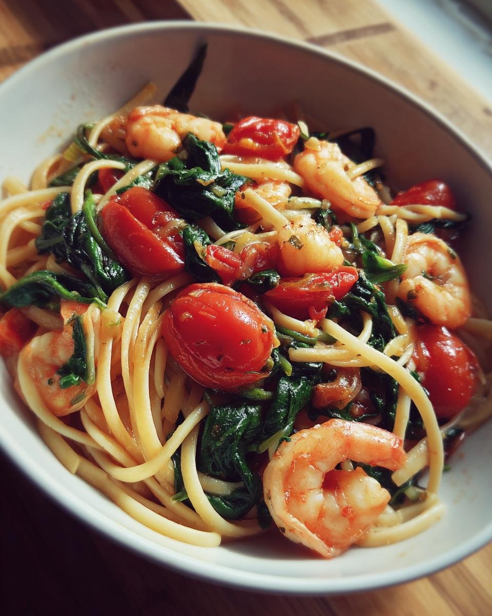 A bowl of Irresistible Tomato Spinach Shrimp Pasta with linguine, plump shrimp, cherry tomatoes, and wilted spinach.